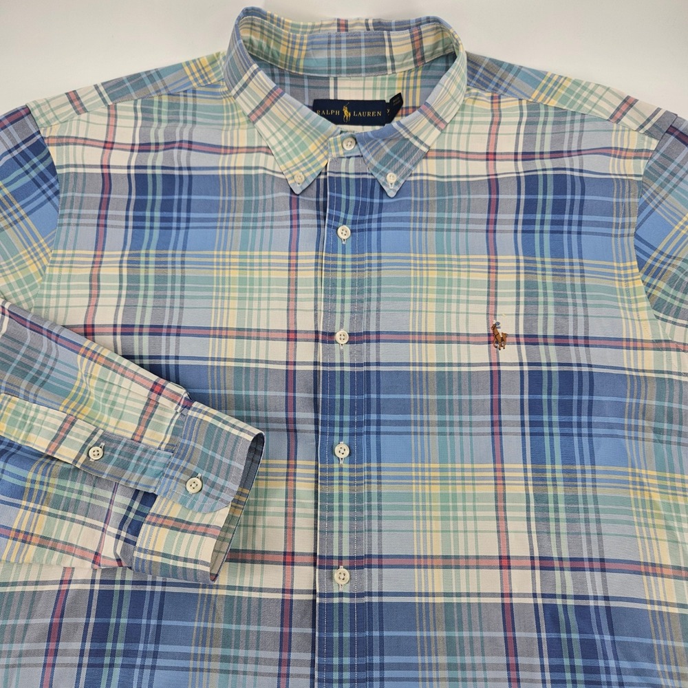 Ralph Lauren XXL Plaid Button Down Shirt Blue Green Yellow Cotton Long Sleeve